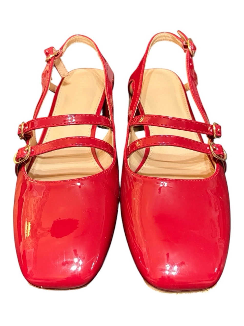 COUTGO Red Patent Double Strap Slingback Block Heel Pumps Size 9